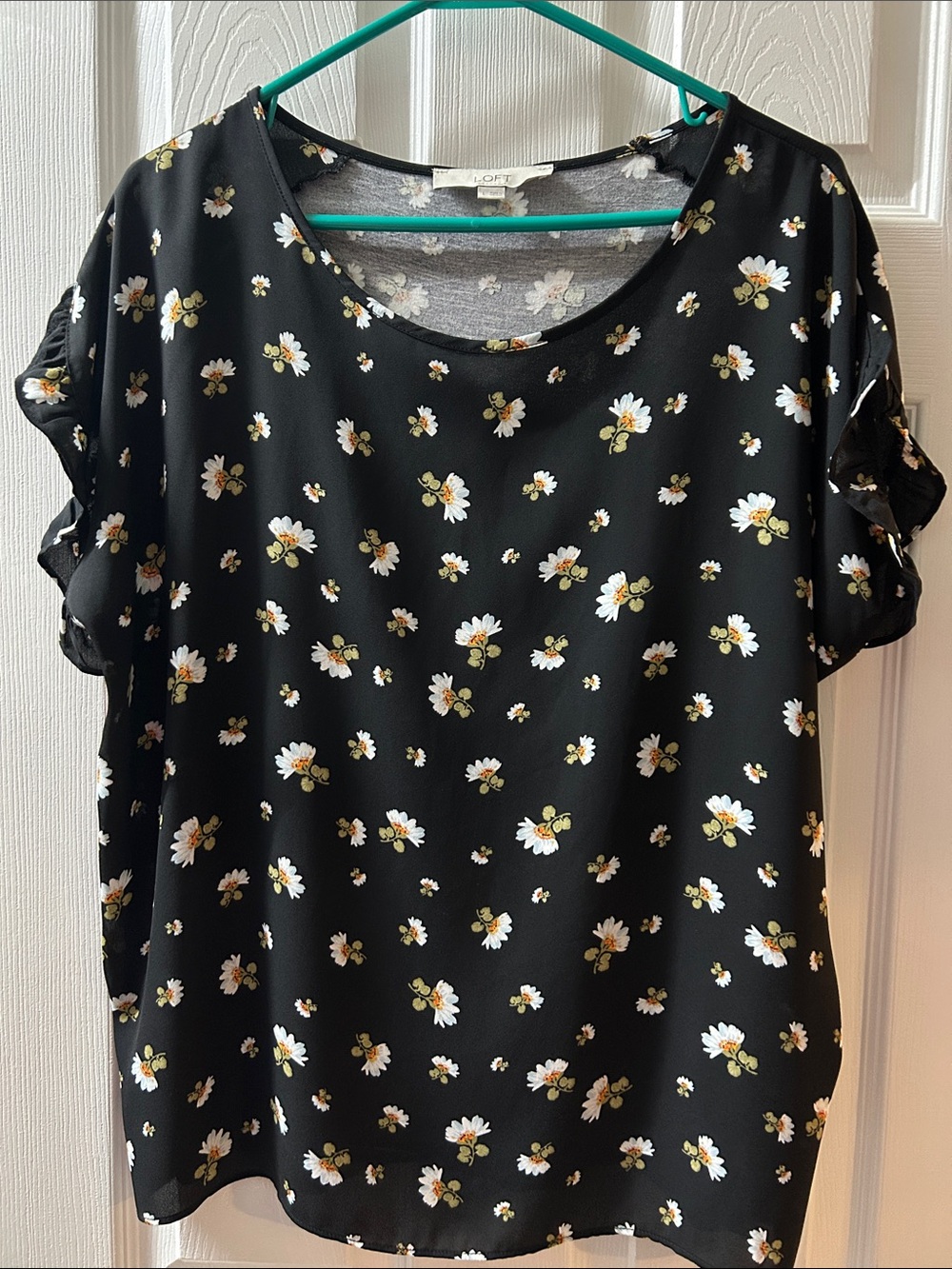 LOFT Black Floral Ruffle-Sleeve Blouse, large